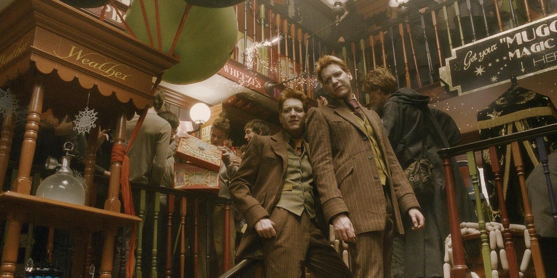 Fred and George inside Weasleys' Wizard Wheezes in Harry Potter and the Half-Blood Prince