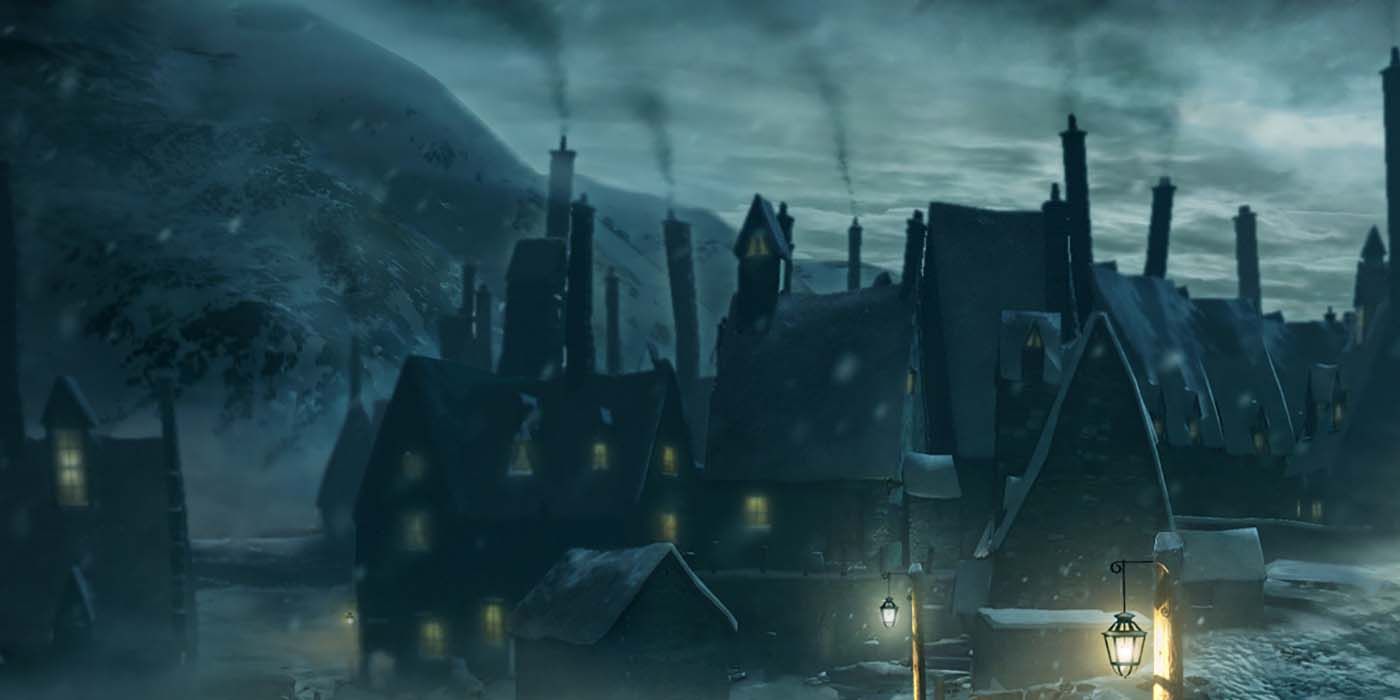 An image of Hogsmeade Village from afar from Harry Potter