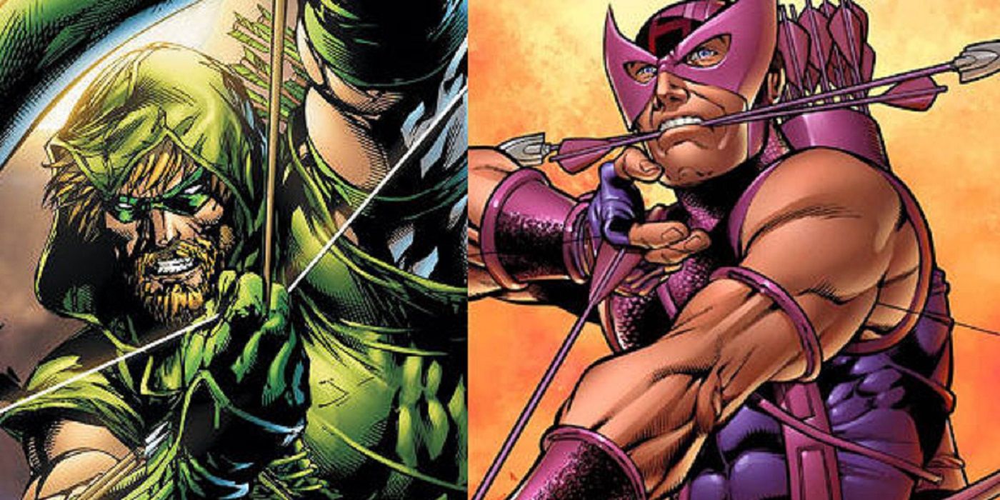 A split image depicts Green Arrow and Hawkeye shooting their arrows in their respective comic books