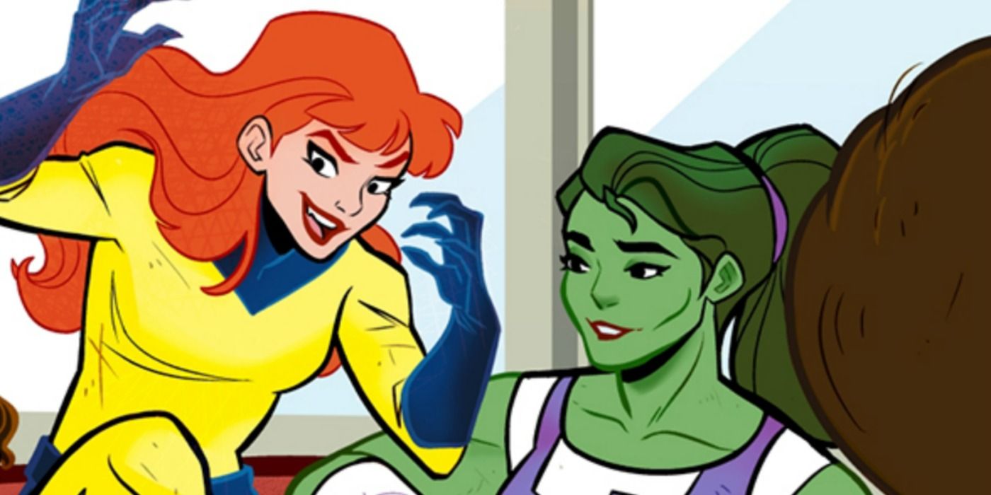 Hellcat and She-Hulk hang out in Marvel Comics.