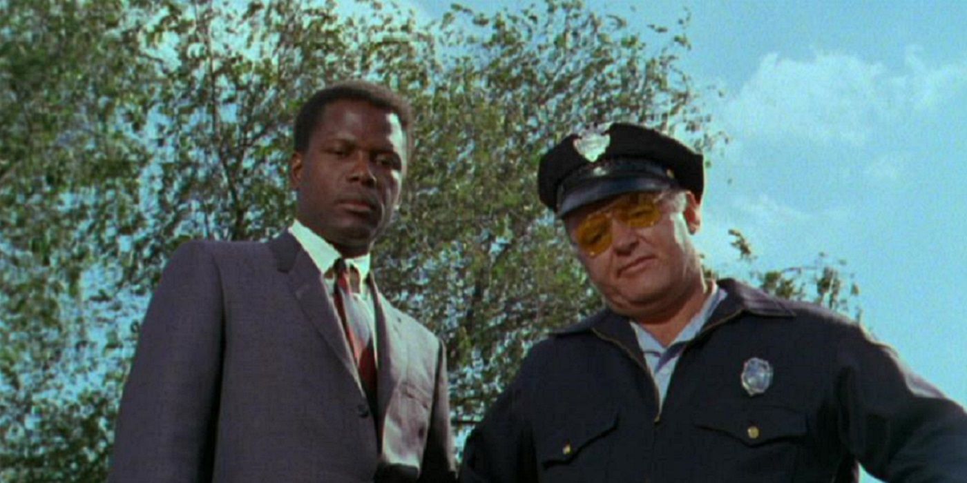 Sidney Poitier looking at the camera in a scene from In The Heat of The Night