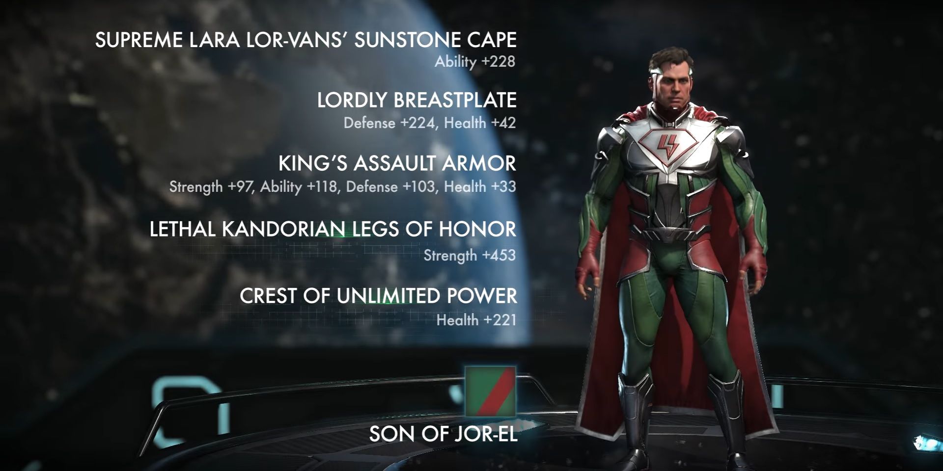 Injustice 2 - Superman illustrating gear and stats