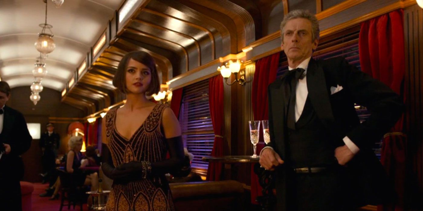 Clara and the Twelfth aboard a train in Doctor Who