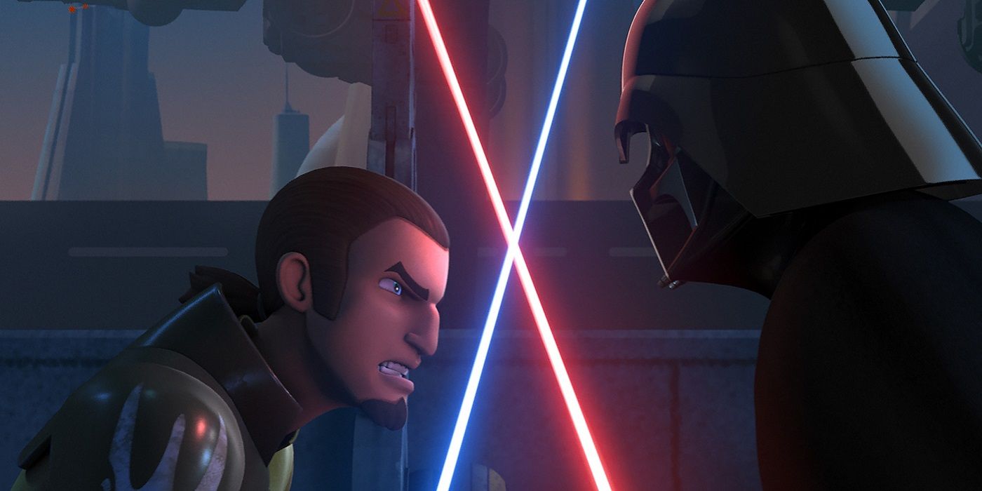 Kanan Jarrus tries to fend off Darth Vader in Star Wars Rebels