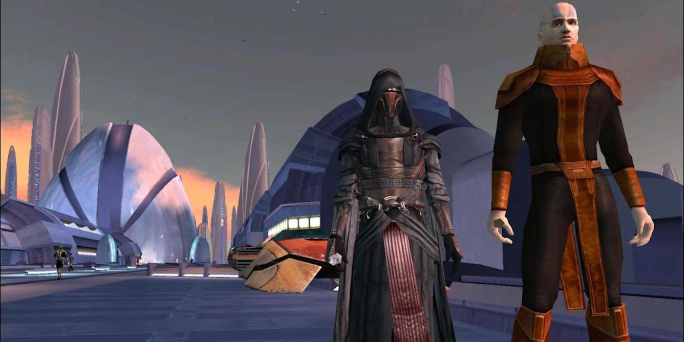 KOTOR Revan and character stand on background of space highway
