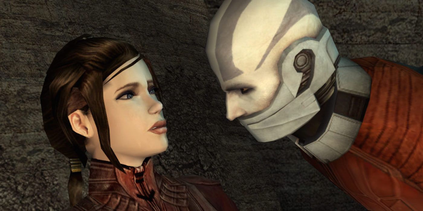 Darth Malak stares menacingly at Bastila Shan in Star Wars: Knights of the Old Republic.