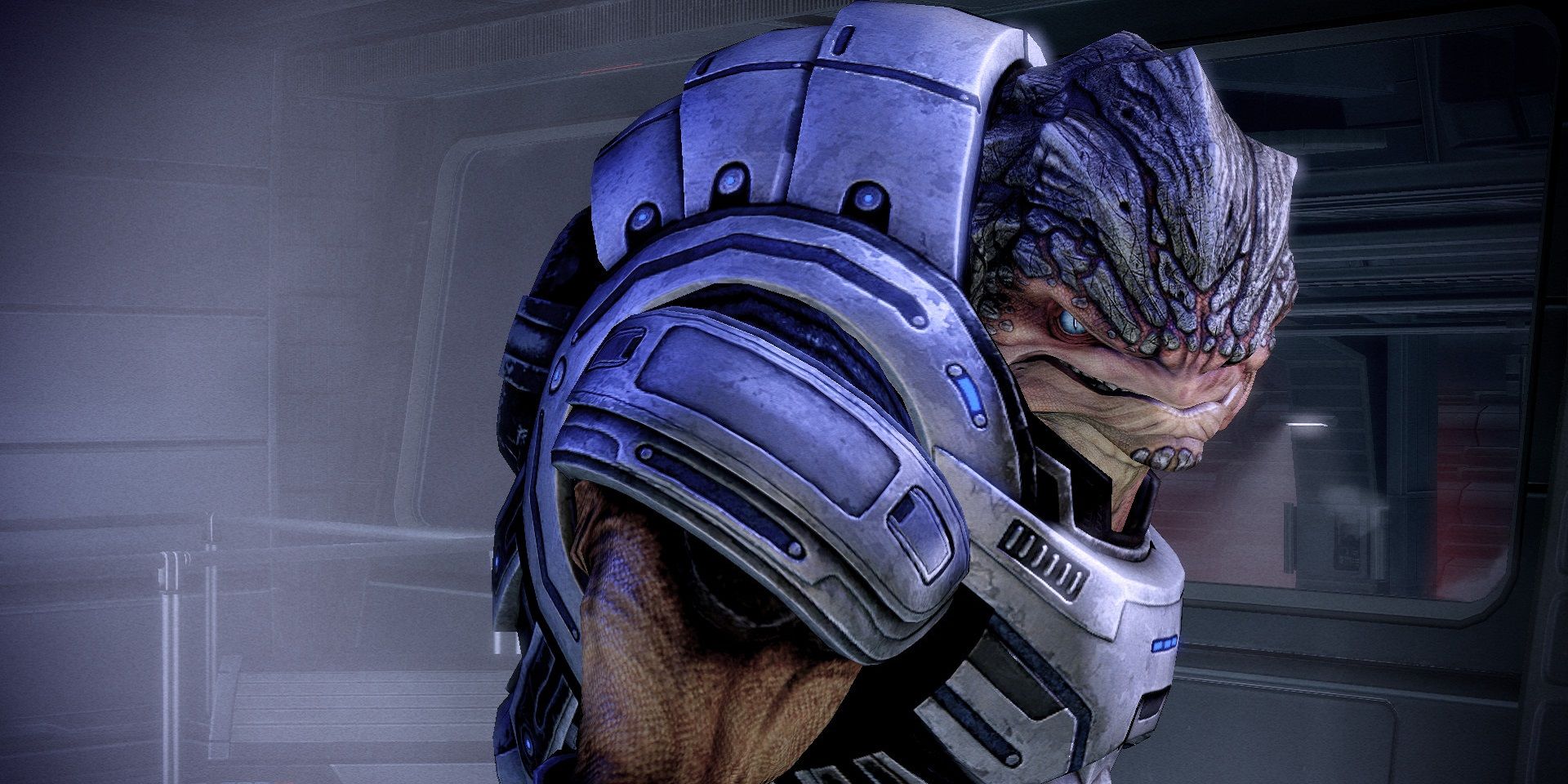 Grunt looks over his shoulder in Mass Effect.