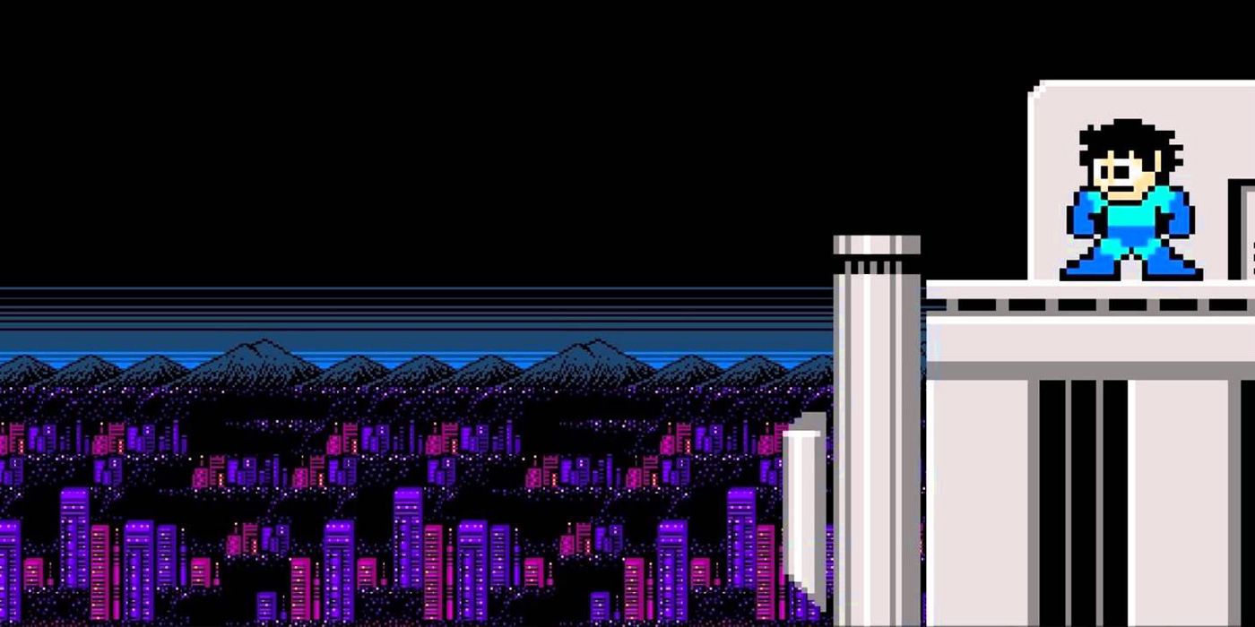 Mega Man stands on a building looking over the city in NES game Mega Man 2.