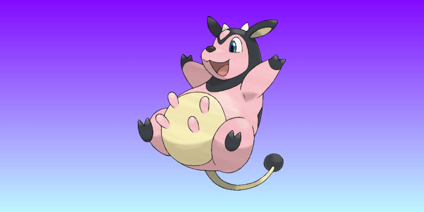 Miltank from the Pokemon franchise on a purple and blue background