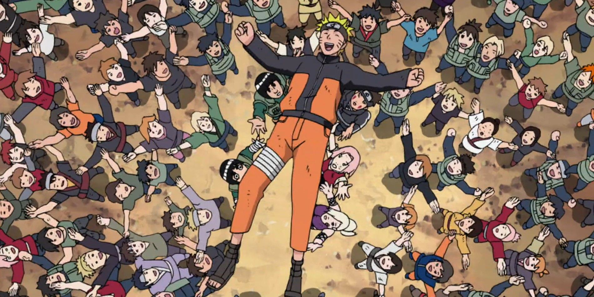 Naruto being lifted by the villagers after defeating pain in Naruto Shippuden