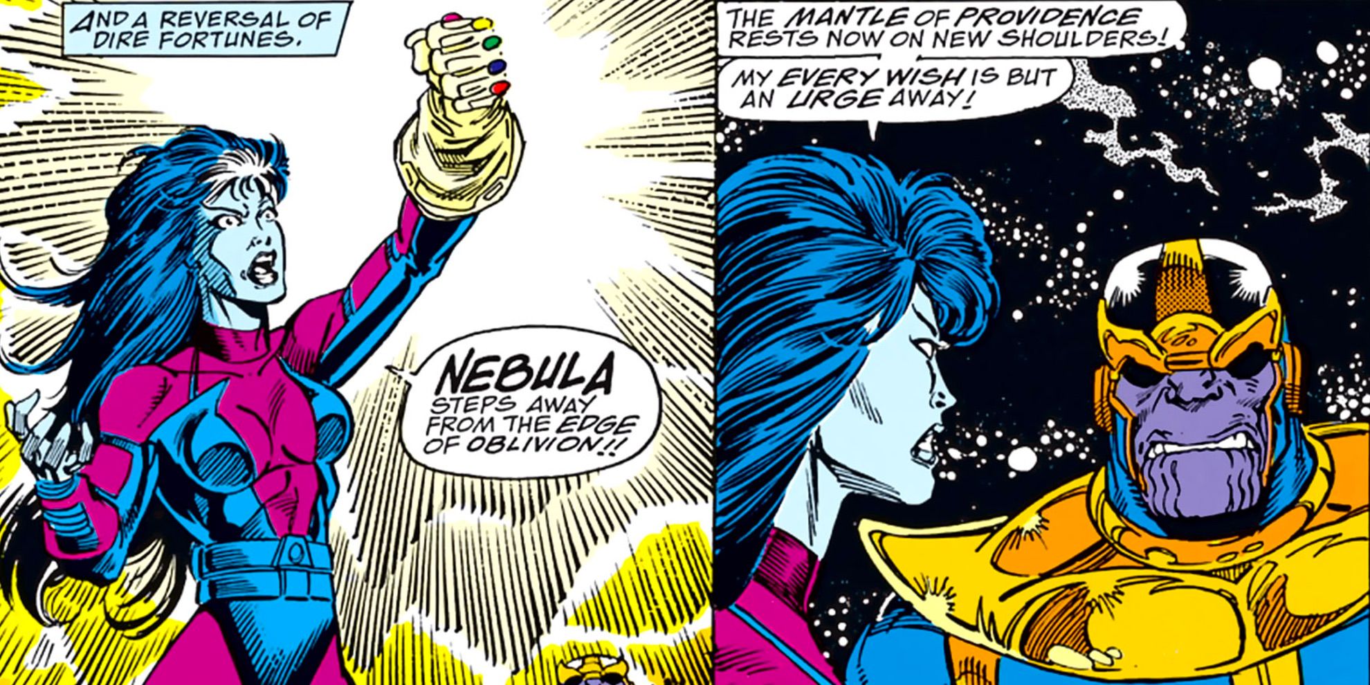 Nebula steals the Infinity Gauntlet from Thanos in two panels from Marvel Comics.