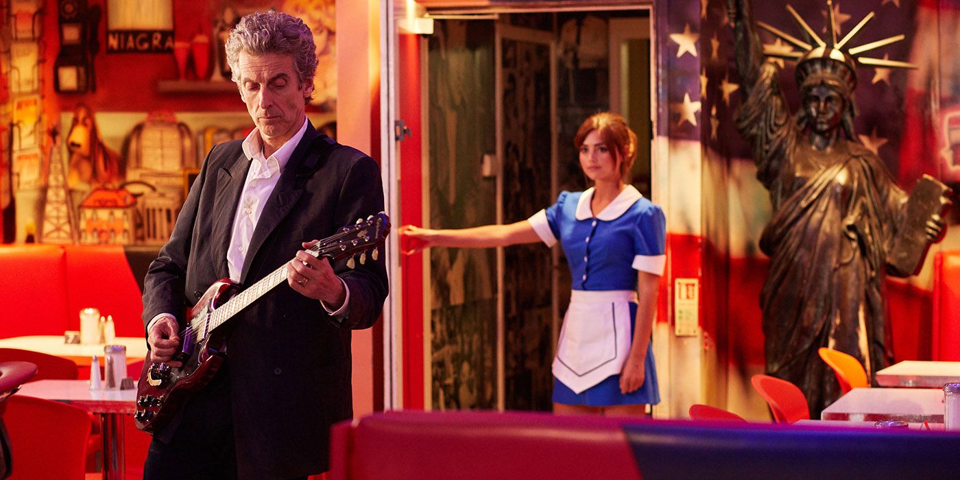 The Twelfth Doctor plays a guitar while Clara watches in Doctor Who