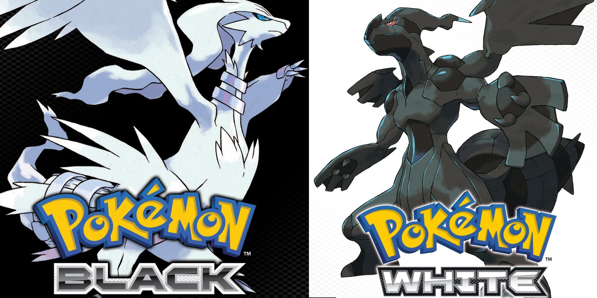 Reshiram and Zekrom on the covers for Pokémon Black and White, respectively.