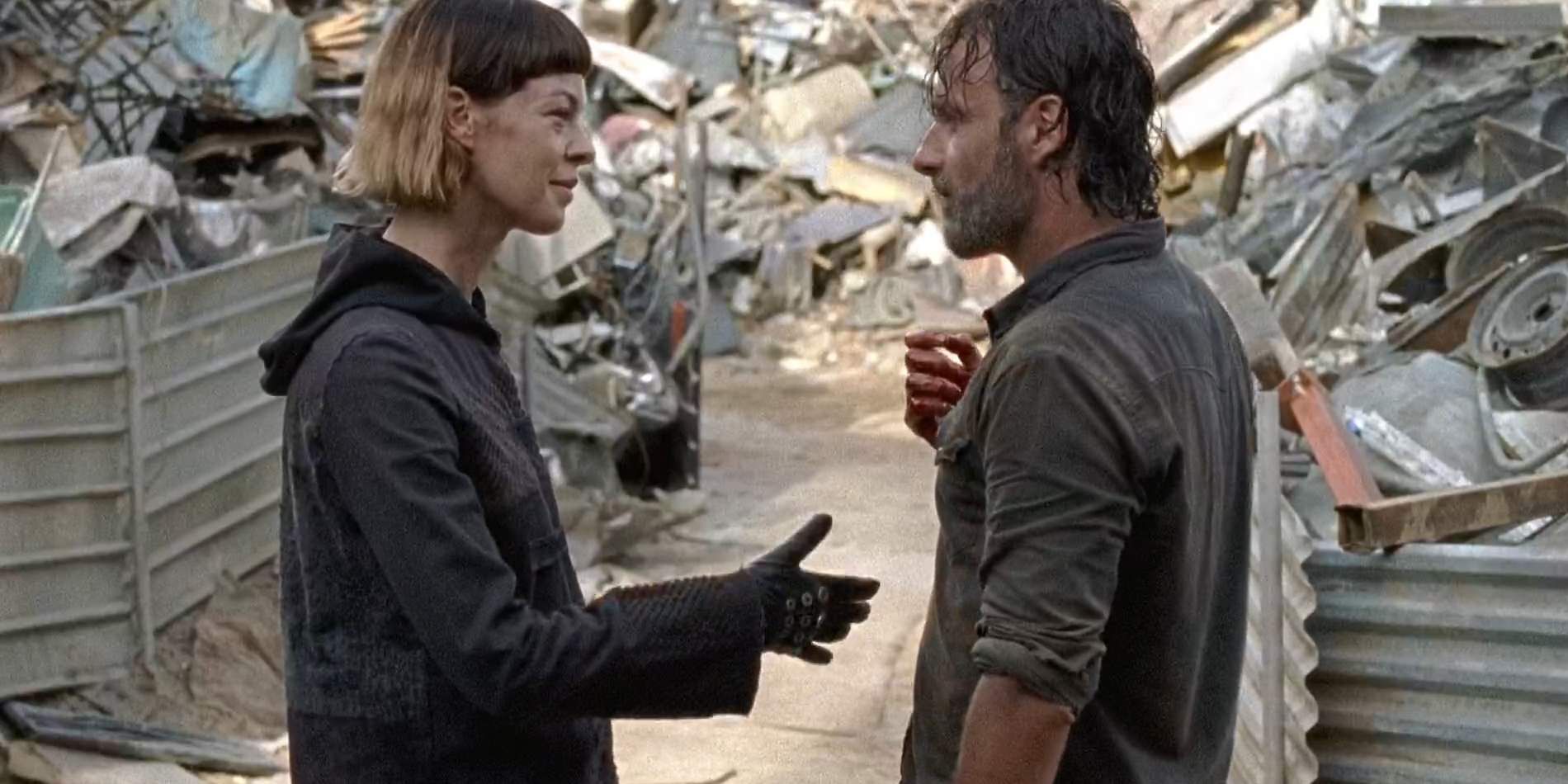 Jadis and Rick Grimes in the junkyard in The Walking Dead