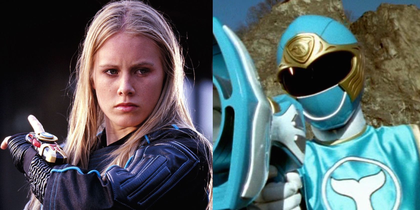 A split image features Tori out of and in her Power Rangers Ninja Storm gear