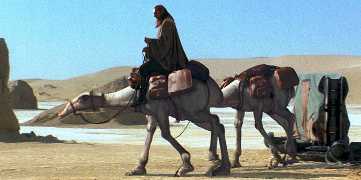 Qui Gon Jinn rides an eopie in Star Wars The Phantom Menace