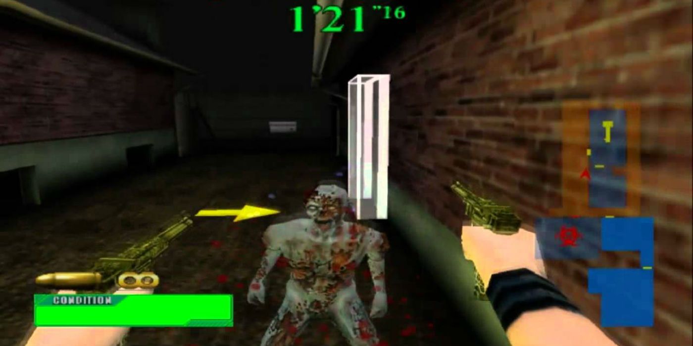 The player points a gun at a zombie in Resident Evil Survivor 2 Code: Veronica.