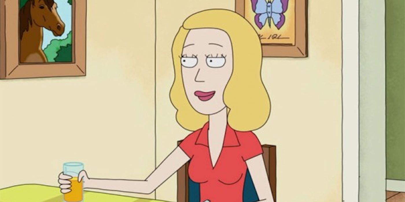 Beth drinks a glass of juice on Rick and Morty