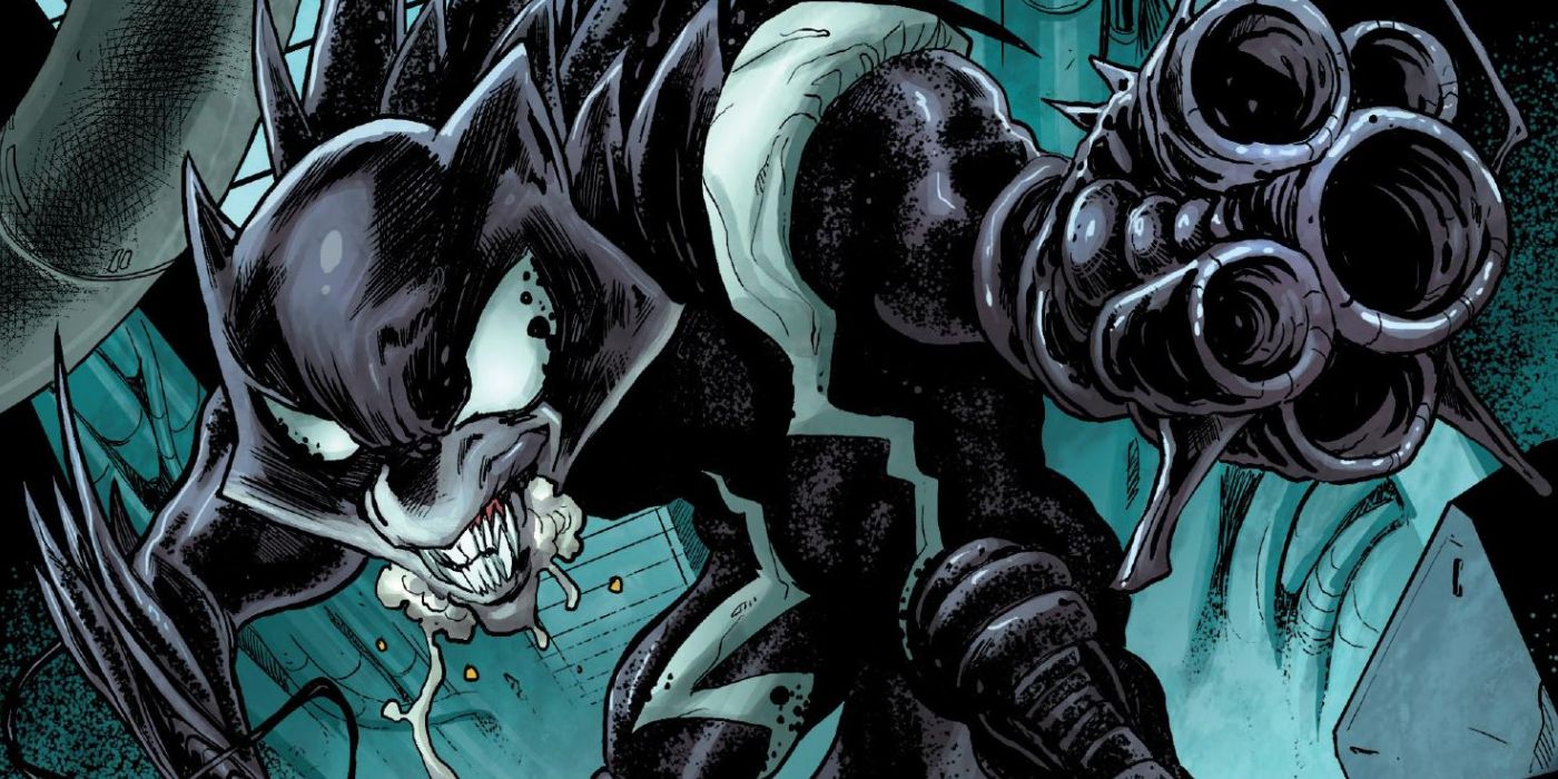 Rocket Raccoon being possessed by Venom and sprouting a machine gun hand.