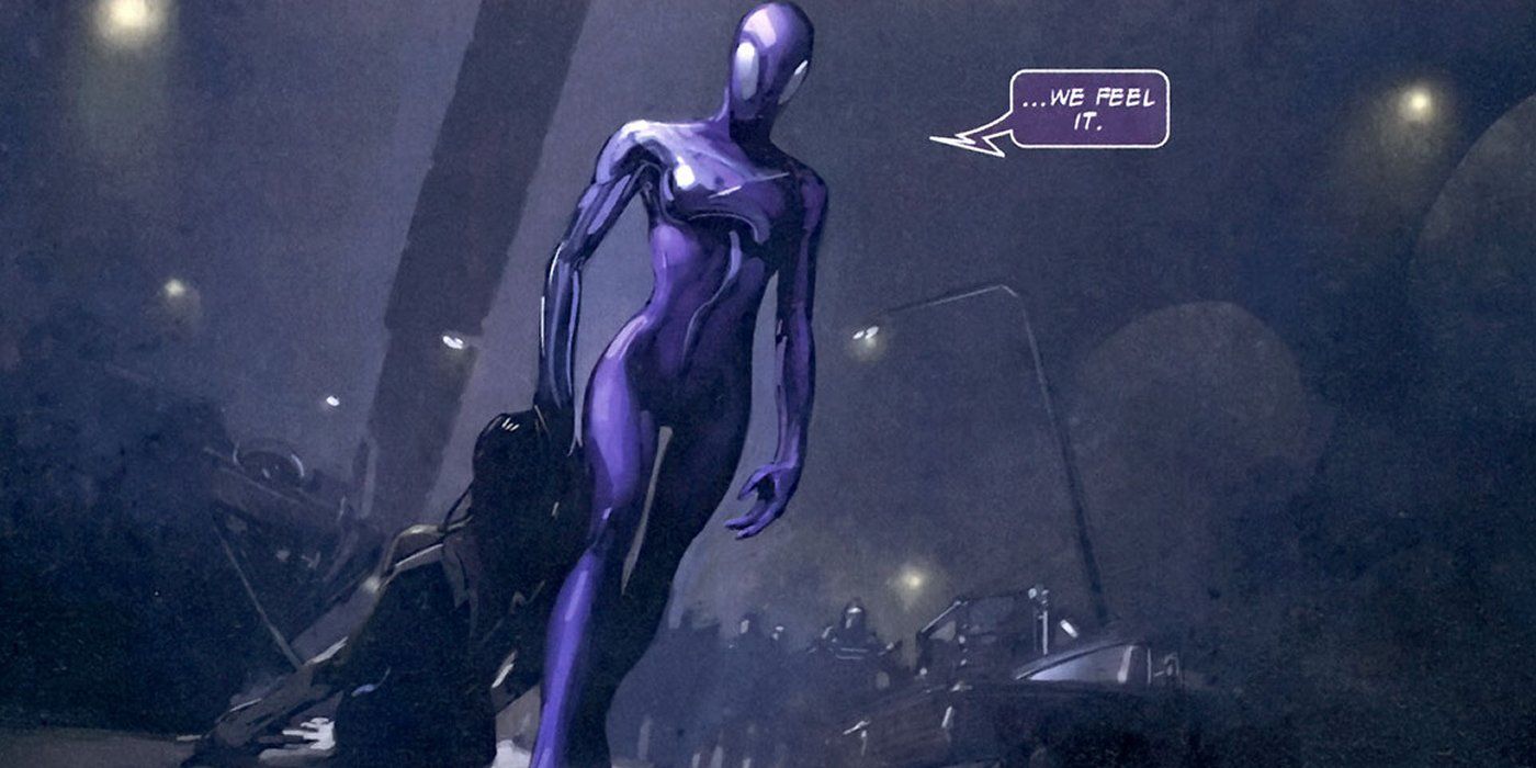 Scorn symbiote standing in a comic panel