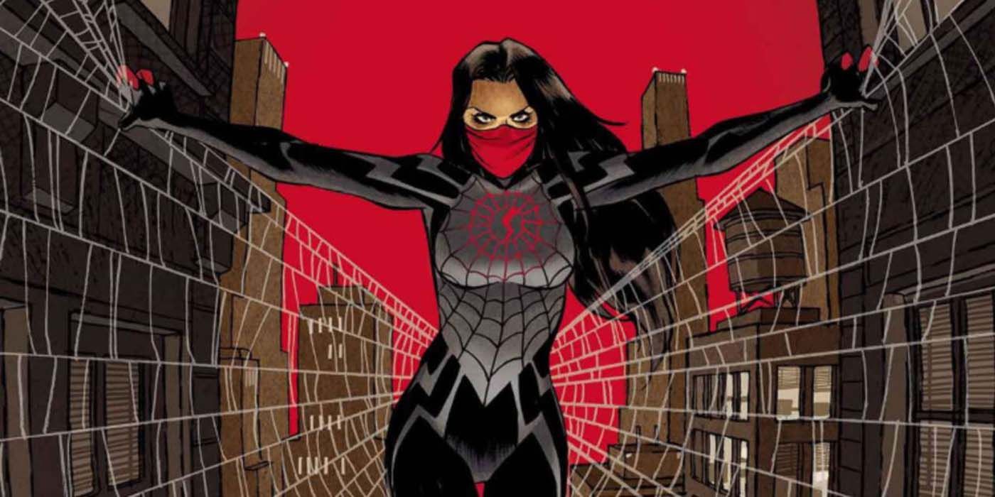 Cindy Moon as Silk surrounder by a web in Marvel Comics.