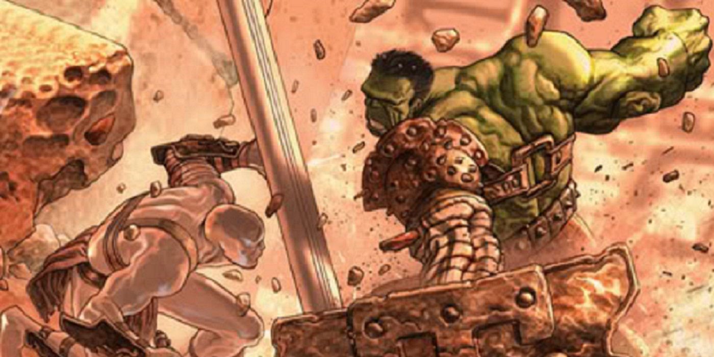 Silver Surfer vs Hulk em Sakaar na história em quadrinhos Planet Hulk. 