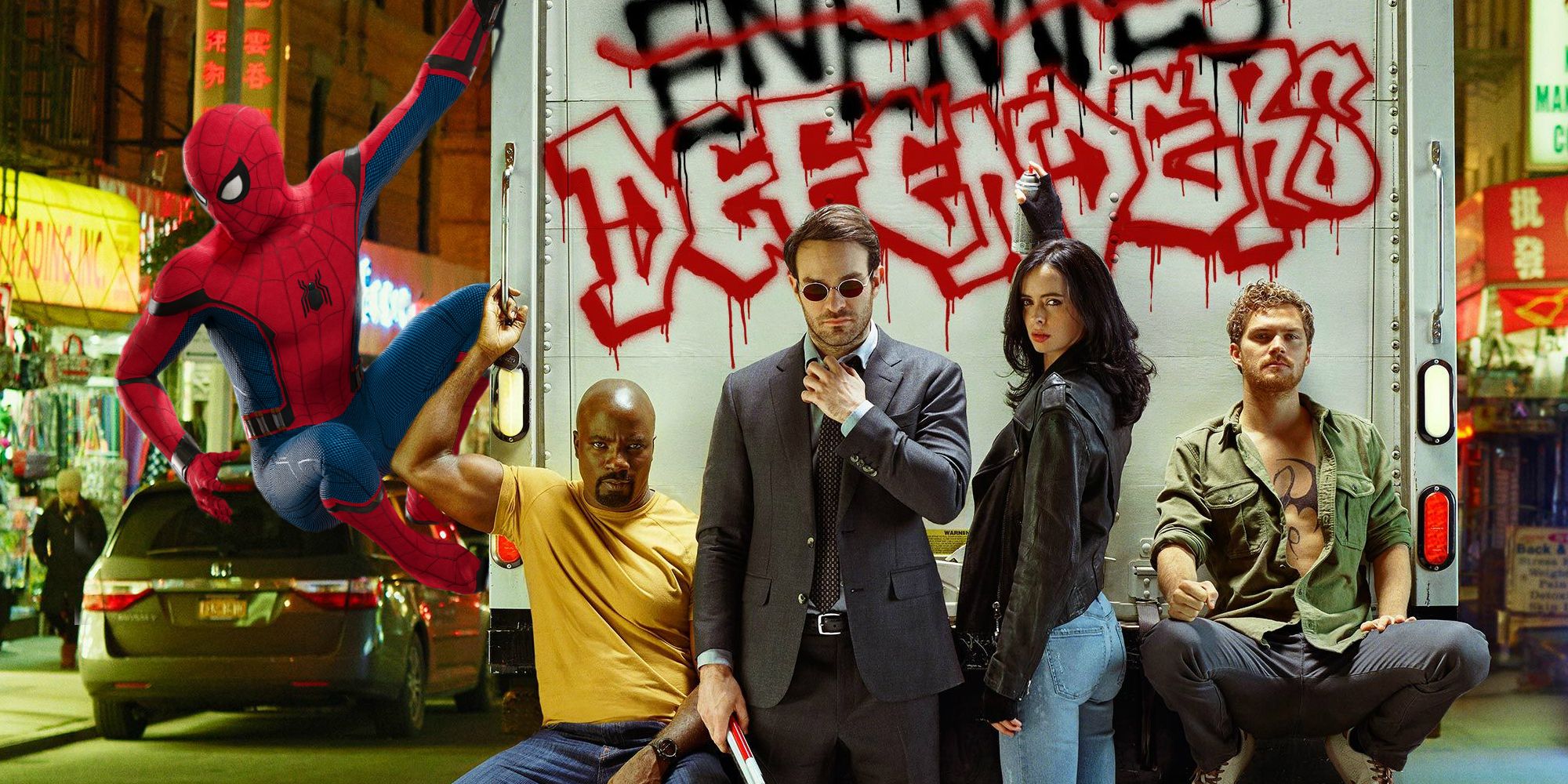 An image of Spider-Man hanging on a wall and the Defenders standing behind a truck 