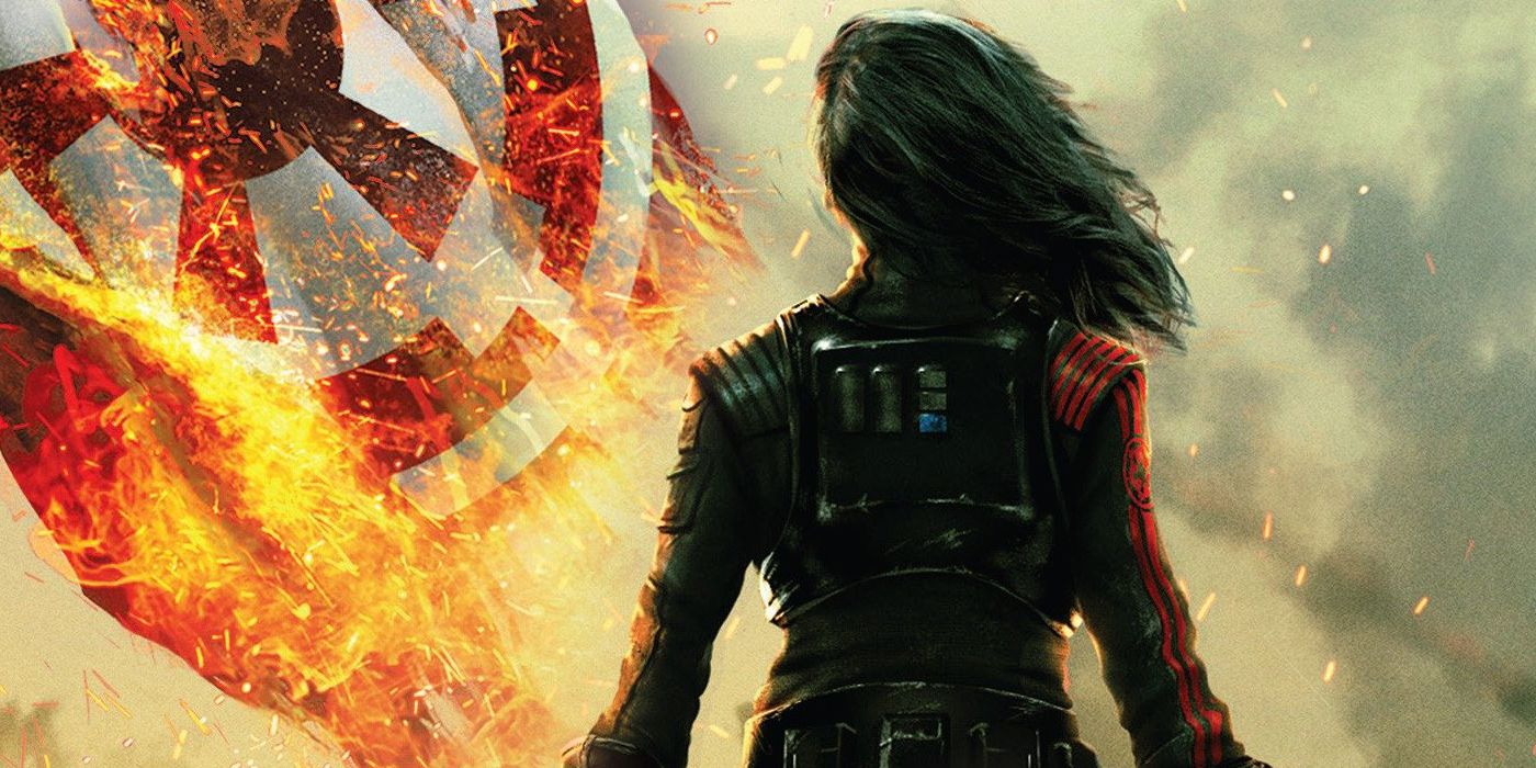 Iden Versio watches a burning flag on the cover of Battlefront II: Inferno Squad