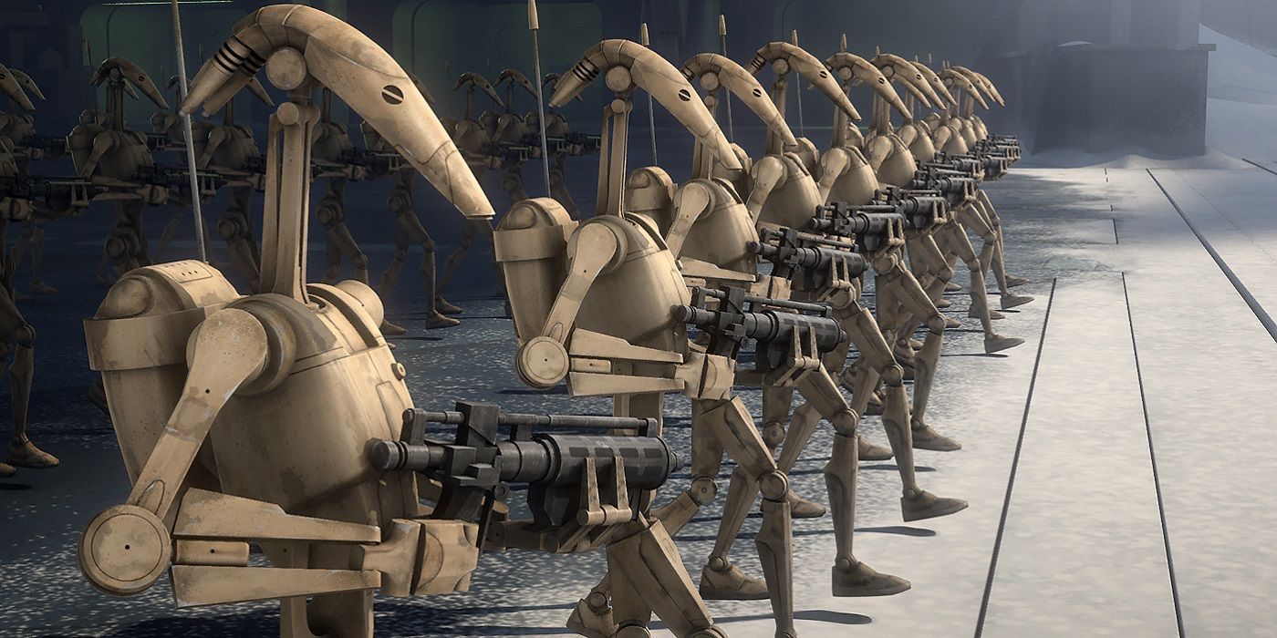 Battle Droids marching while holding guns in Star Wars Rebels.