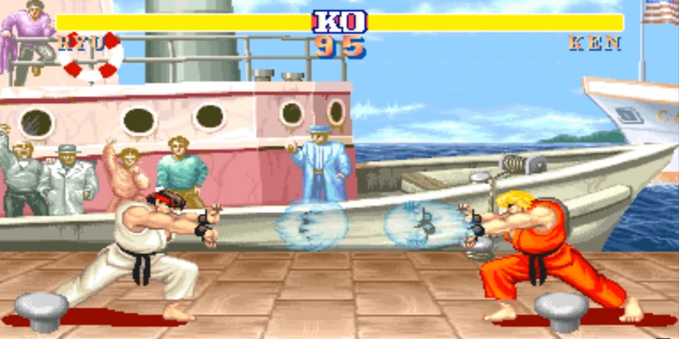 Two characters fighting in Street Fighter II