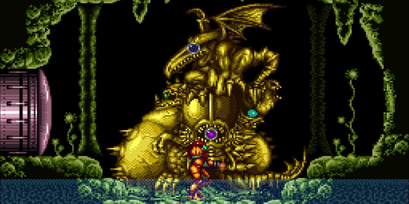 A statue in Super Metroid depicting various bosses that Samus will fight.