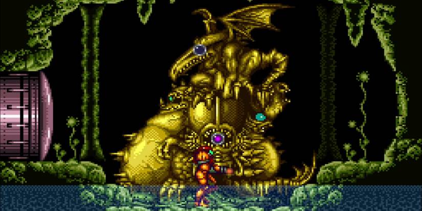 A statue in Super Metroid depicting various bosses that Samus will fight.