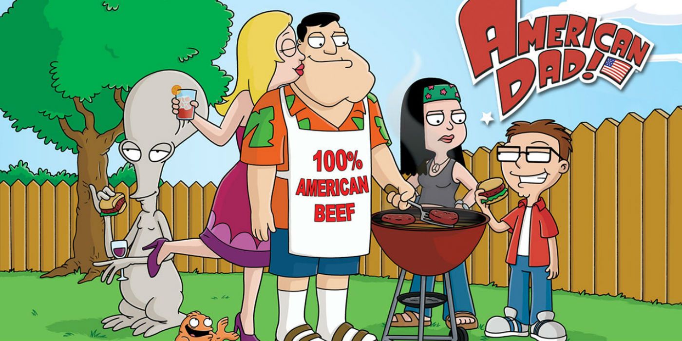 The Cast of American Dad! standing around a barbecue