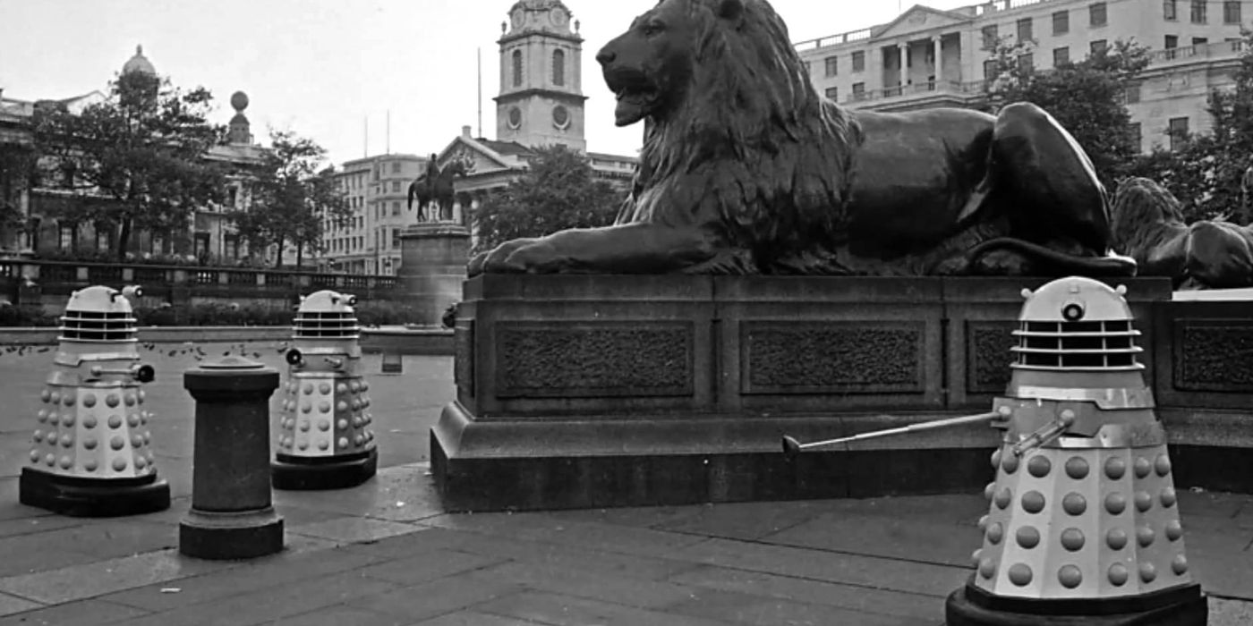 The Daleks roll past London landmarks in Doctor Who
