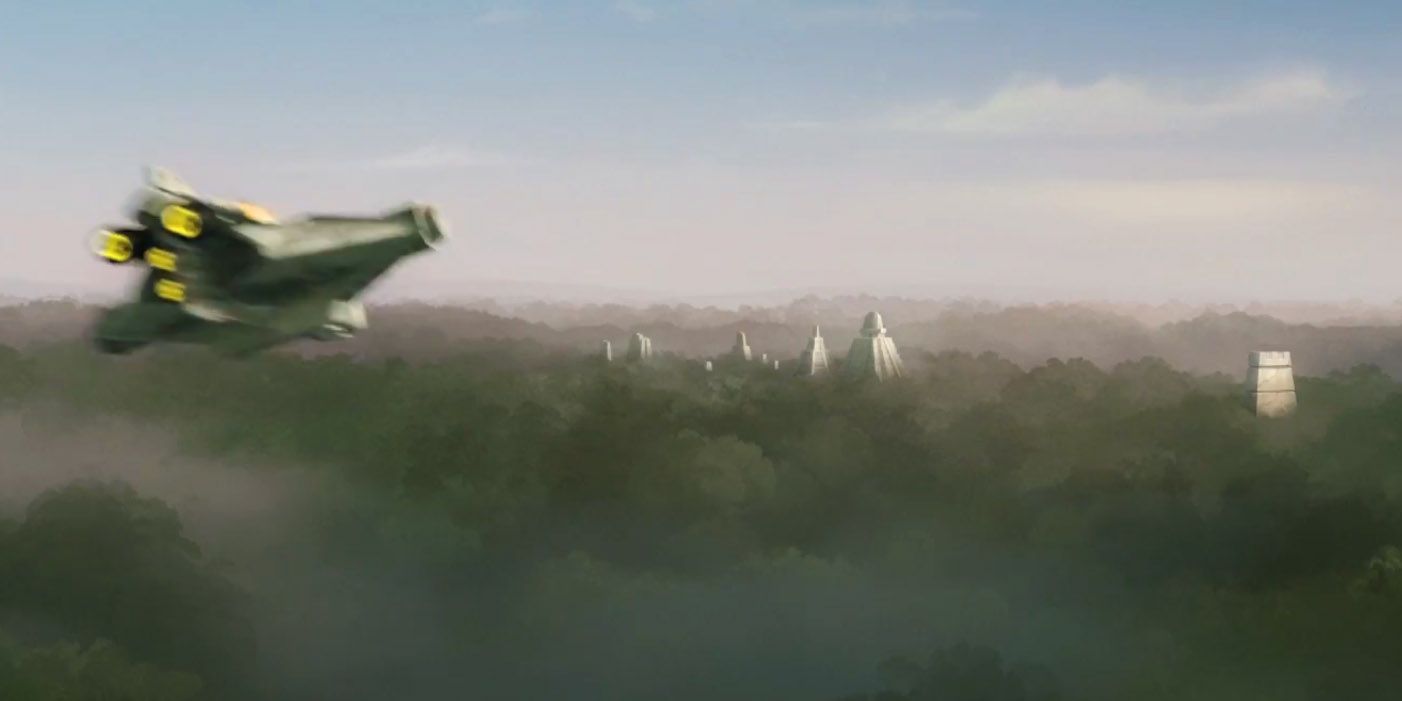 The Ghost flies to the Rebel base on Yavin on Star Wars Rebels