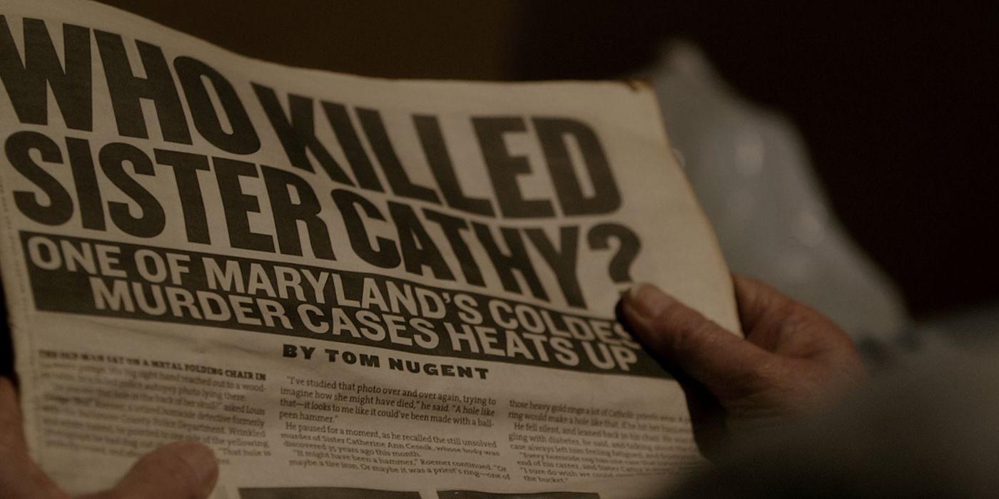 A newspaper headline reads, &quot;Who killed Sister Cathy?&quot;