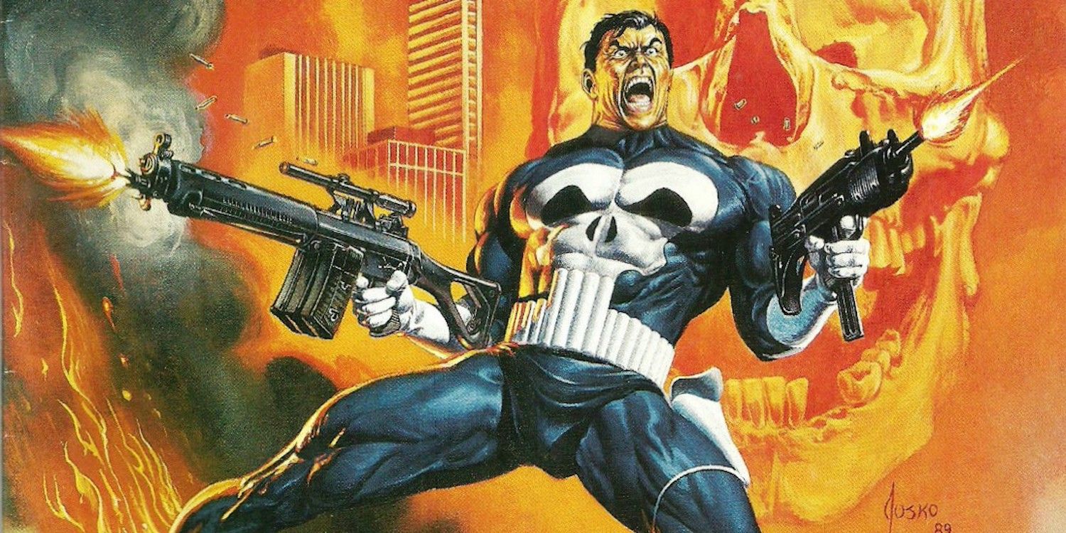 Justiceiro disparando duas armas na Marvel Comics.