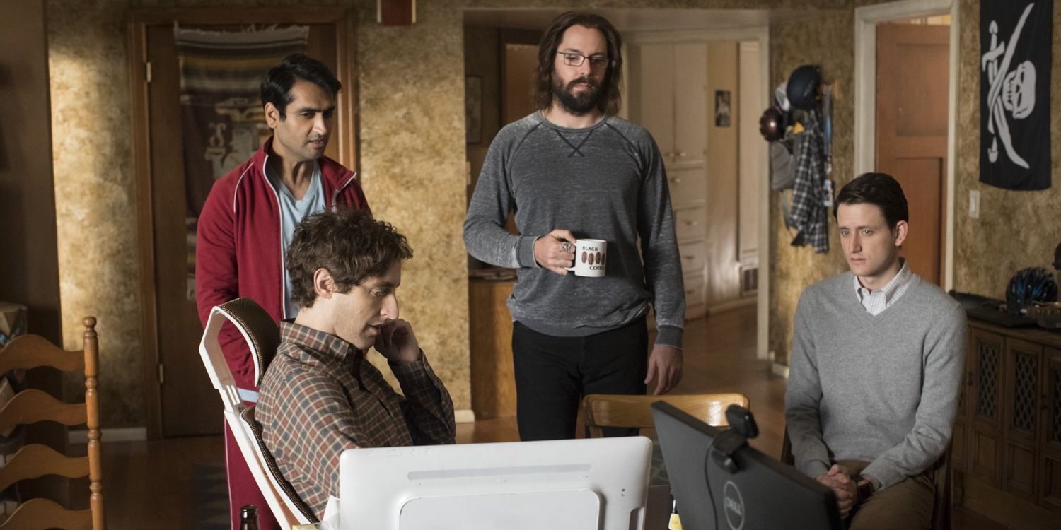 Thomas Middleditch Kumail Nanjiani Martin Starr and Zach Woods in Silicon Valley Season 4