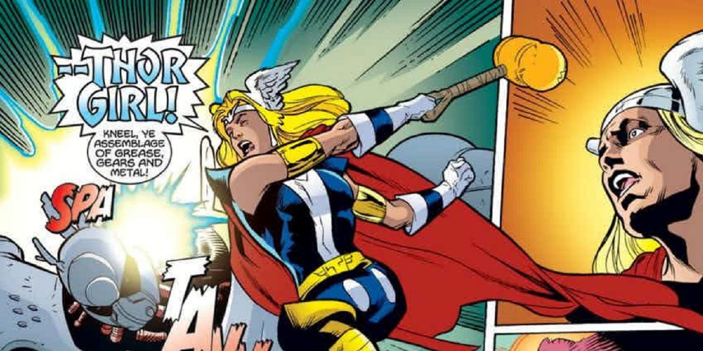 Thor-Girl uses her hammer as a weapon