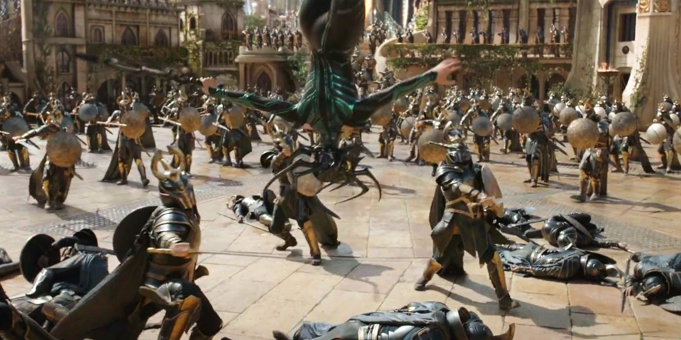 The Asgardians fight Hella in Thor Ragnarok