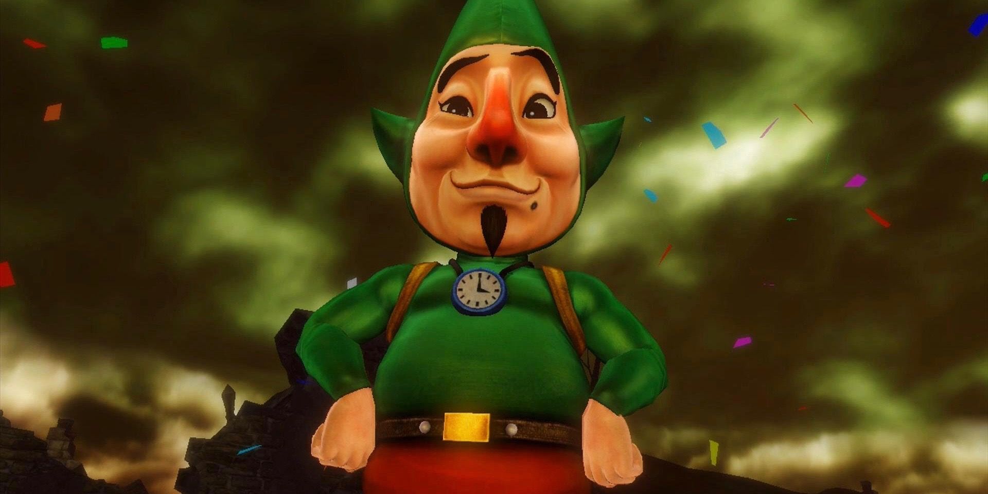Tingle looks at the camera with his hands on his hips in The Legend of Zelda.
