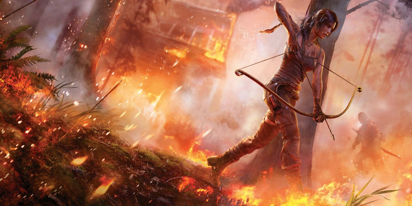 Lara carries her bow and arrow as she runs through a forest fire