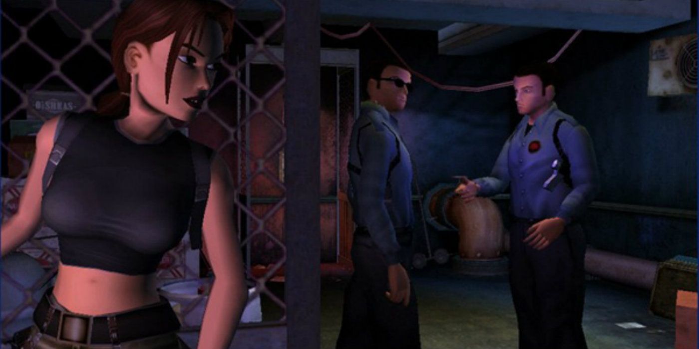 Lara eavesdrops on two guards talking in Tomb Raider: Angel of Darkness.