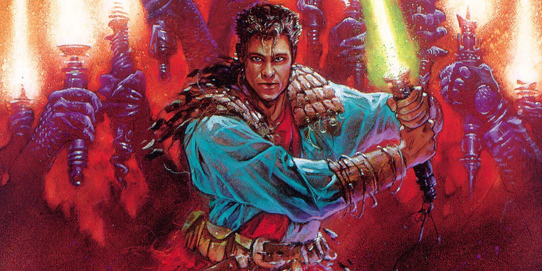 Ulic Qel-Droma wielding a lightsaber in front of a Sith Army in Star Wars comics.