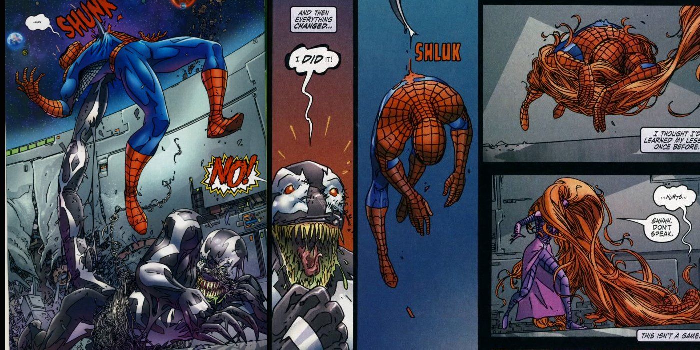 Venom Mac Gargan kills Spider-Man Peter Parker tail symbiote Marvel Medusa Beyond McDuffiw