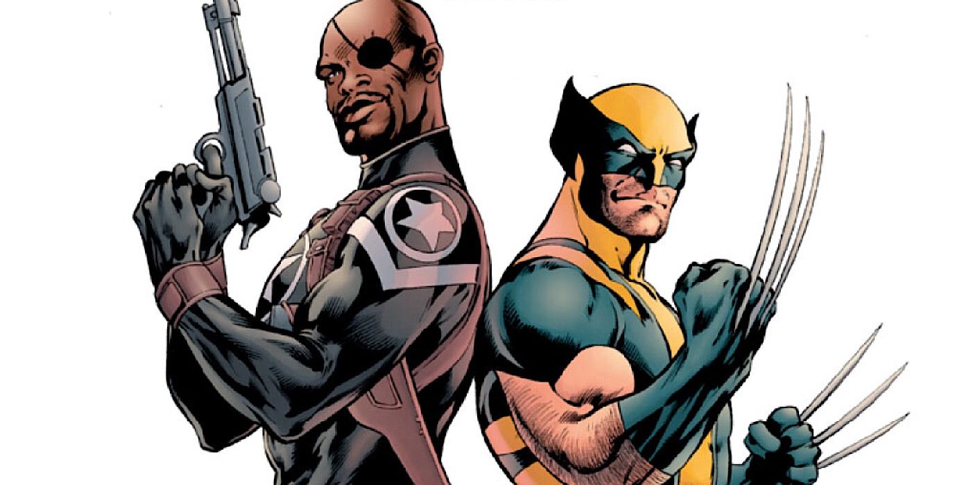 Wolverine e Nick Fury posando de costas um para o outro na Marvel Comics