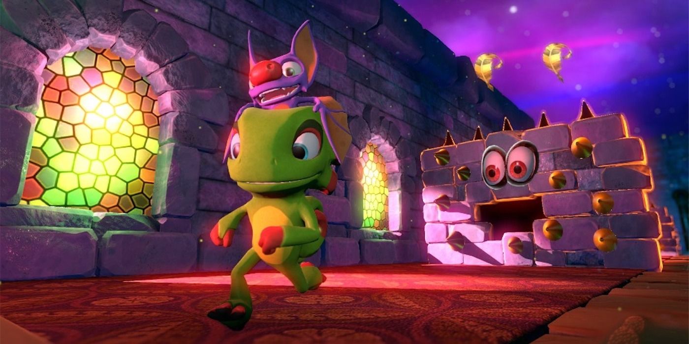 Yooka and Laylee running from a spiked wall in Yooka-Laylee