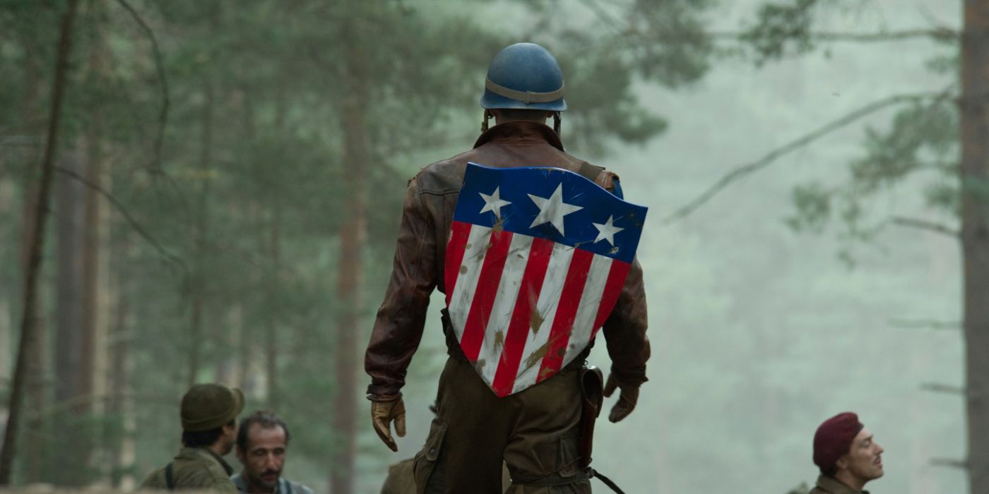 Captain America walks with his first shield in Captain America: The First Avenger (2011)