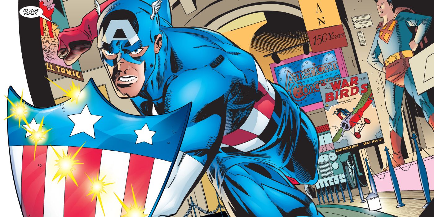 Captain America wields a museum replica of his original shield 