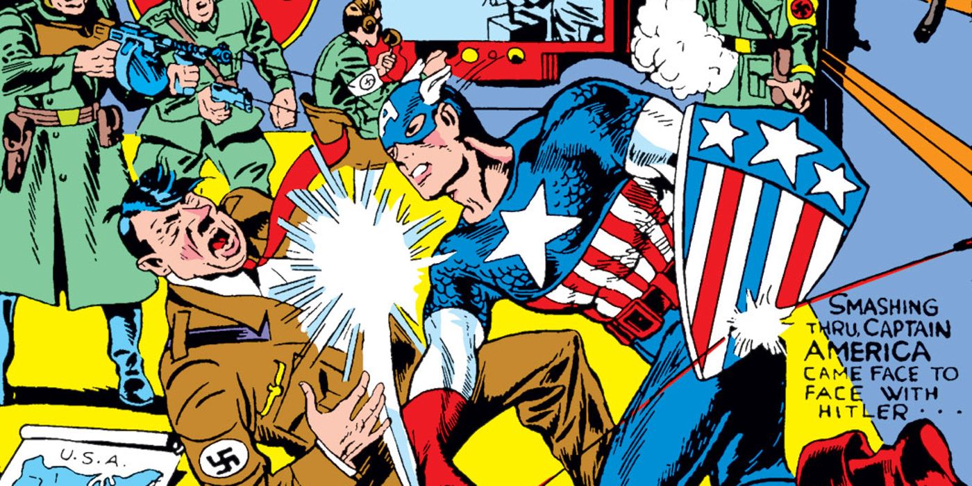 Captain America punches Hitler on the face in Captain America comics #1
